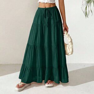 Green Casual Women's Elastic High Waist Pleated Long Maxi Skirt